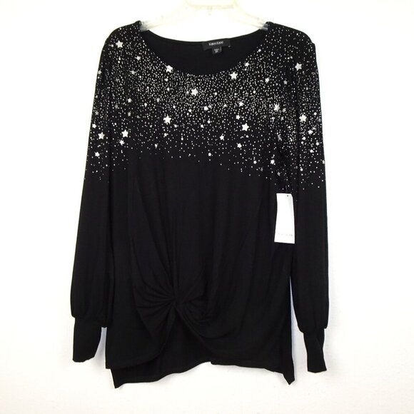 Karen Kane Twist Front Knot Top Women's Plus Size 1X Black Star Print Made USA - Picture 1 of 10